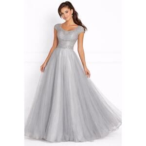 Vienna Prom Silver Beaded Ballgown Size 4 Illusion Tulle Formal Evening Dress